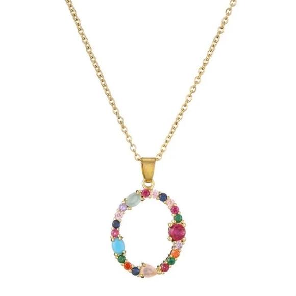 O Initial Pendant Necklace Multicolor Rhinestones Gold Tone Chain - Picture 11 of 16